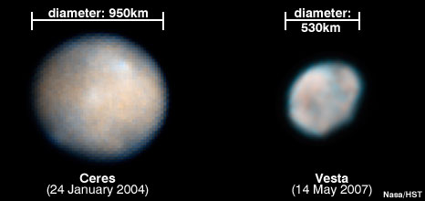 Porównanie rozmiarów Ceres i Westy - zdjęcia pochodzą z Kosmicznego Teleskopu Hubble'a (NASA)